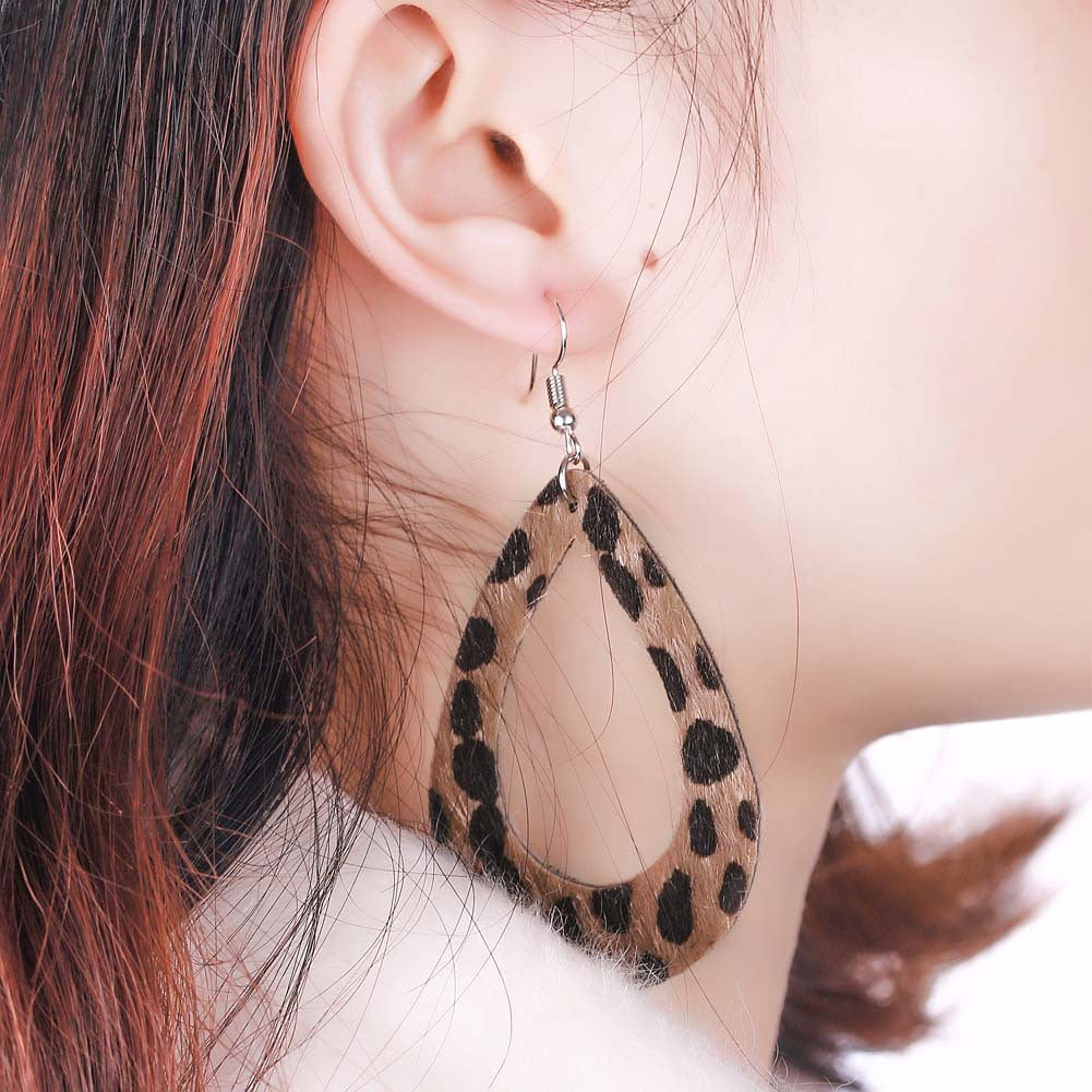 Wholesale PU Leopard Print Water Droplets Earrings